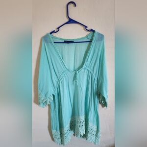 Light Blue Boho Top with Lace Sleeves